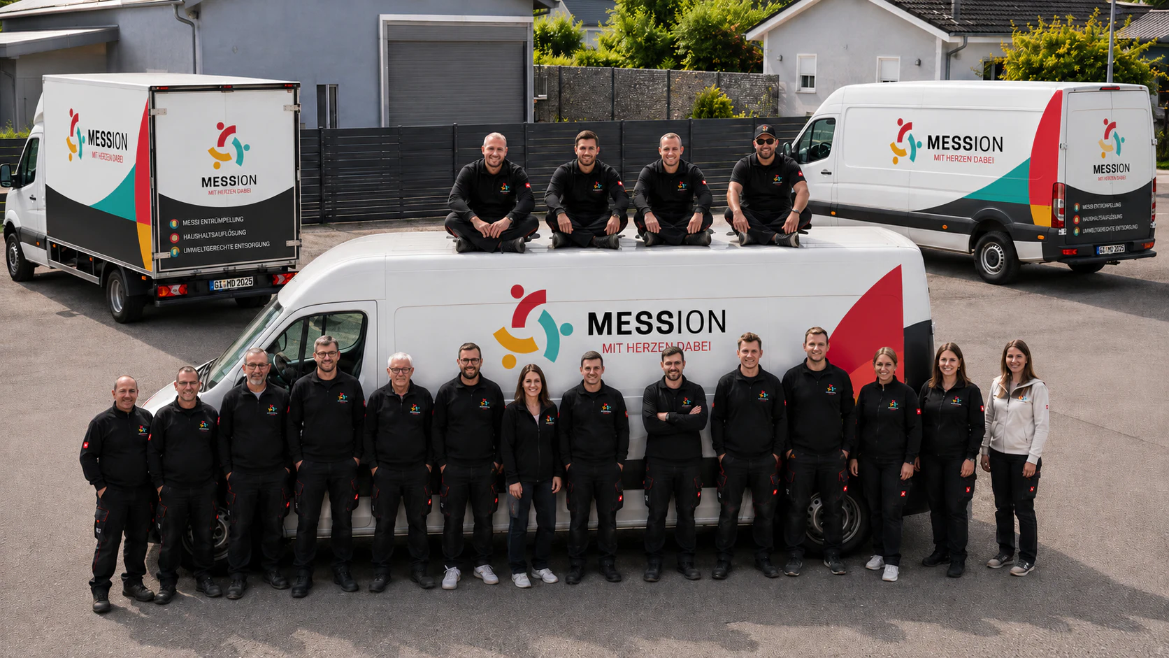 Das MESSION Team vor den Firmenfahrzeugen